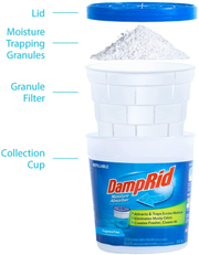 DampRid moisture absorber container with blue and white design 
