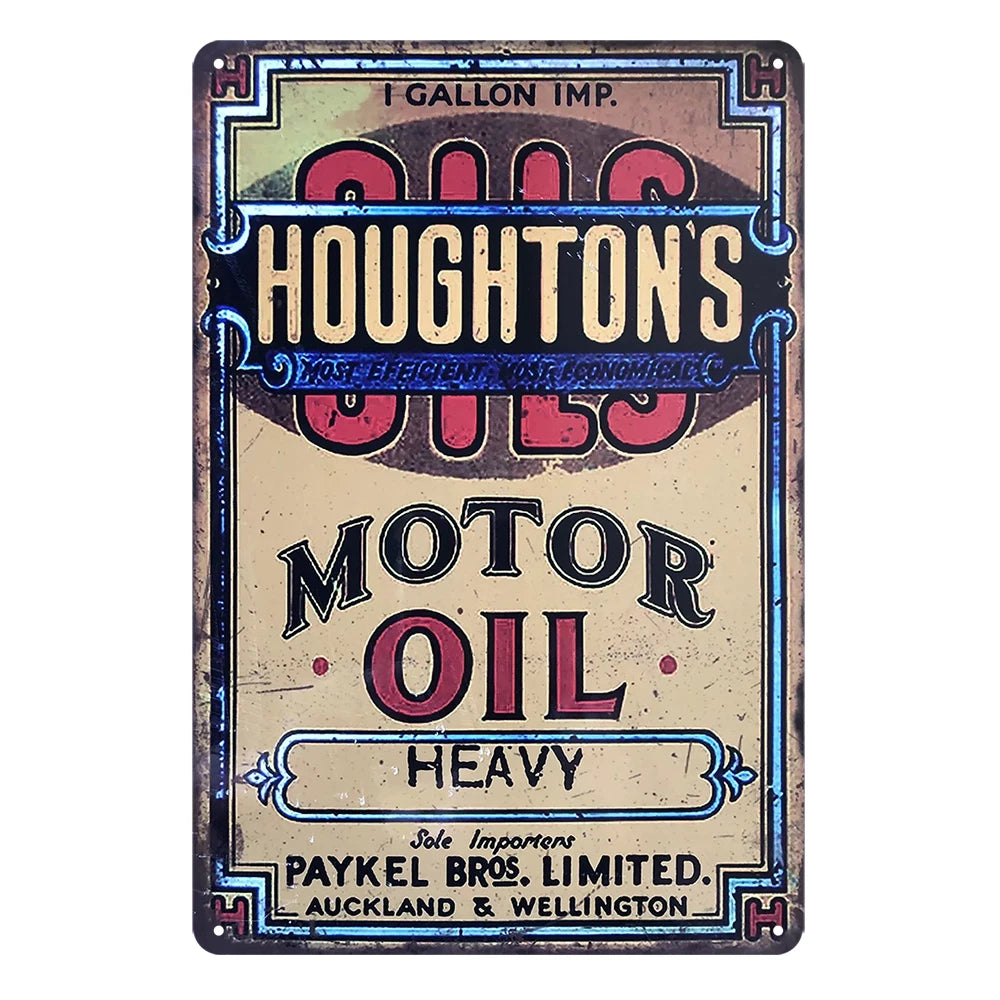3x Houghton’s Motor Oil Paykel Bros. Rustic Metal Sign Vintage Tin Bar