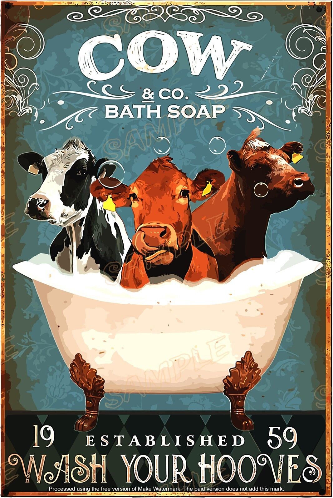 COW BATH Retro Home Bathroom Restroom Wall Décor Rustic Look Tin Metal Sign
