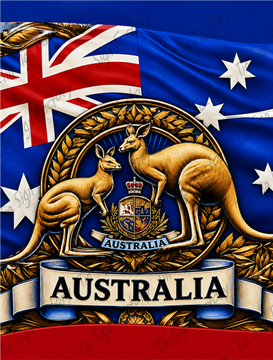 Kangaroo Coat of Arms Australia Flag Shop Aussie Wall Decor Man Cave Metal Sign - Tin Sign Factory Australia