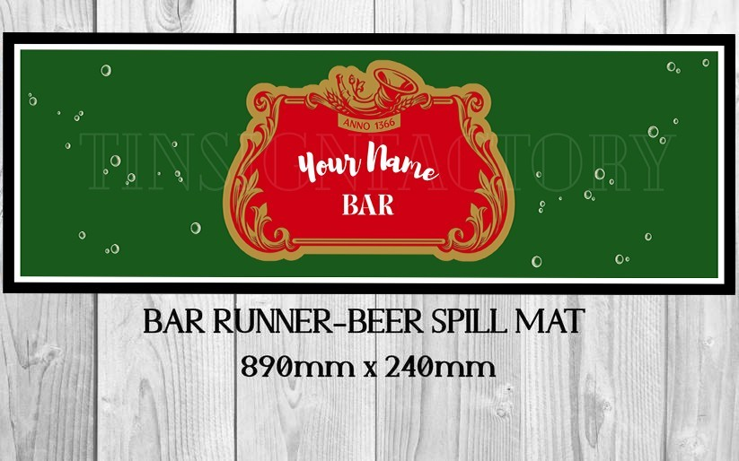 PERSONALISED (890mm X 240mm) Non-Slip Rubber Mat Beer Bar Runner Man Cave & Shed