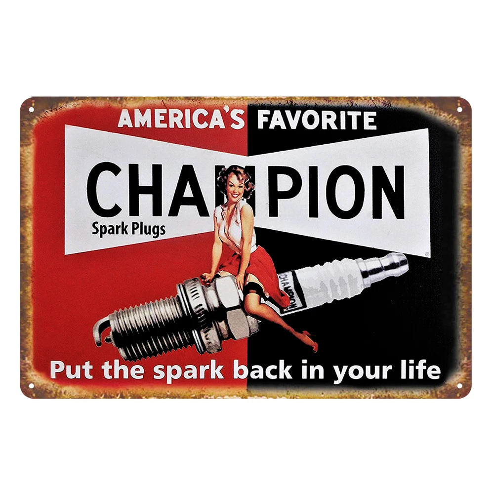 3x Champion Spark Plugs Auto Motor Rustic Metal Sign Vintage Tin