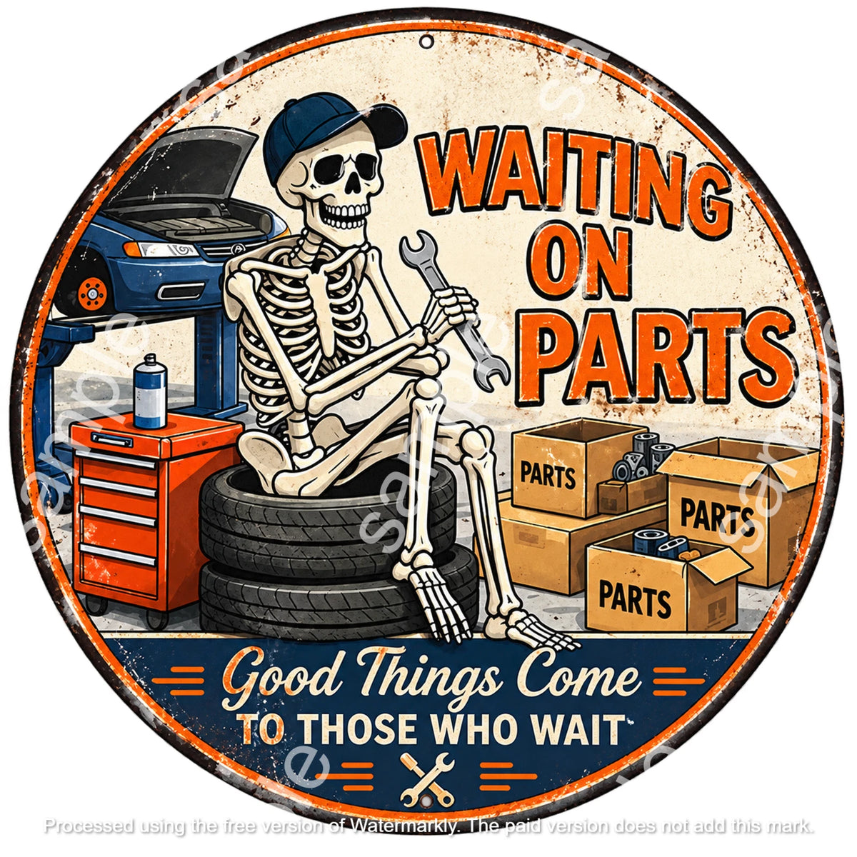 Waiting on Parts 40 cm round aluminium sign
