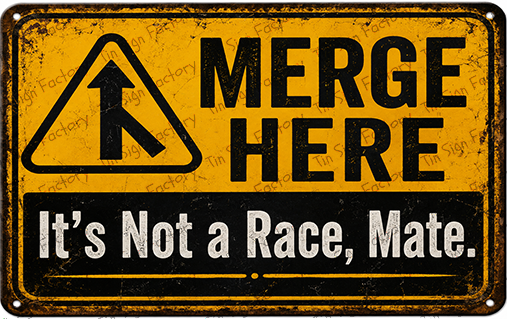 MERGE HERE Home Workshop Shed Garage Bar Shop Traffic Warning Tin Metal Sign - Tin Sign Factory Australia