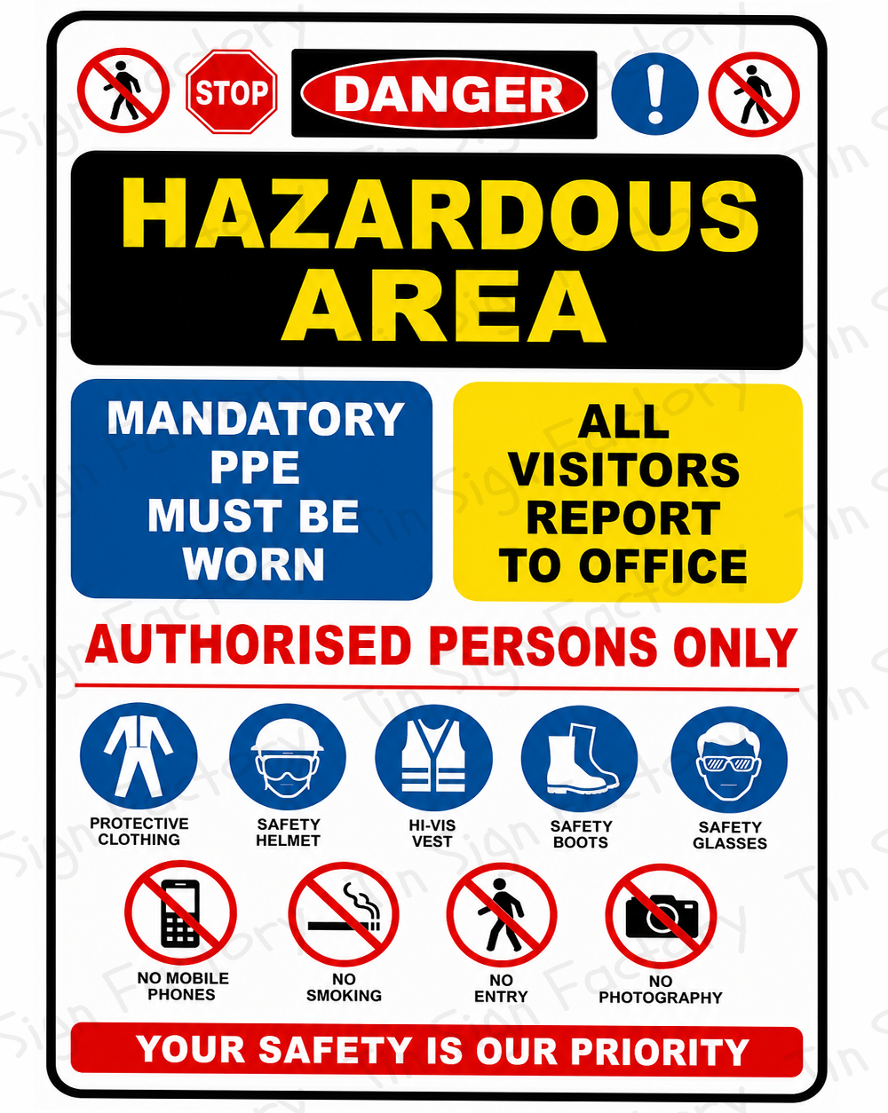 Hazardous Area Warning Sign PPE Required Authorised Personnel Metal Tin Decor