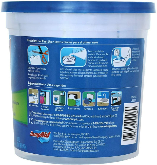 DampRid moisture absorber container with blue and white design 