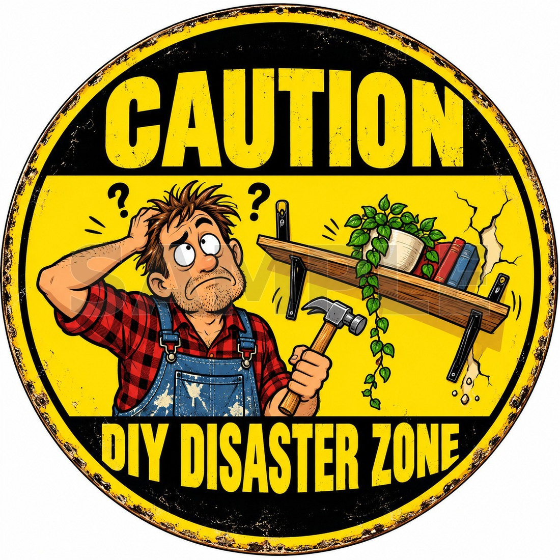 Caution DIY Disaster Zone Funny Round Metal Sign Workshop Garage Decor
