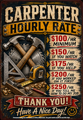 Funny Carpenter Hourly Rate Metal Tin Sign Vintage Workshop Garage Wall Decor