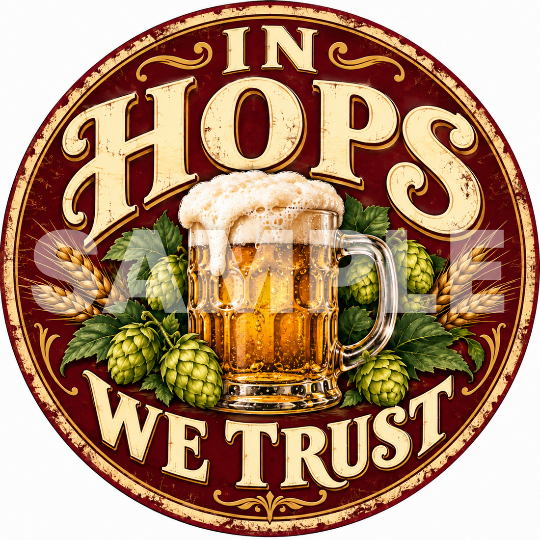 In Hops We Trust Round Metal Sign Vintage Beer Bar Pub Man Cave Wall Decor