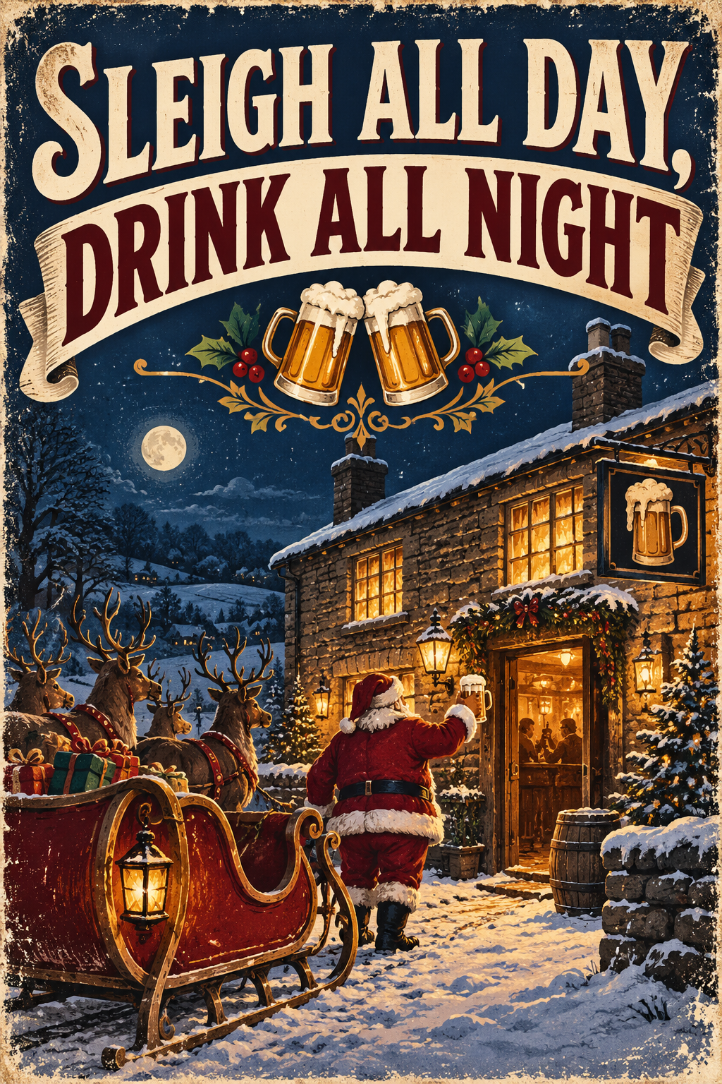 Sleigh All Day, Drink All Night Christmas Man Cave Garage Bar & Shed Metal Sign