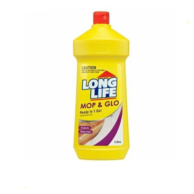 Yellow bottle of Long Life Mop & Glo cleaning solution 