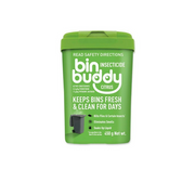 Green container of 'bin buddy' 
insecticide 
