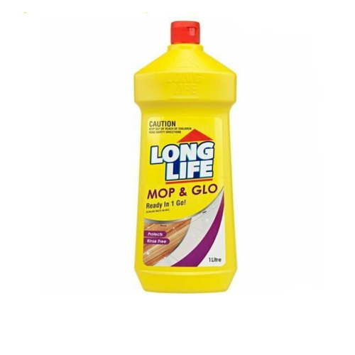 Yellow bottle of Long Life Mop & Glo cleaning solution 