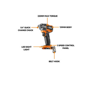 Cordless drill with labeled features 