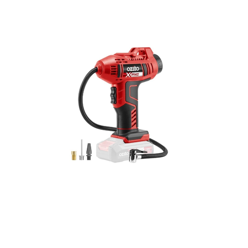 Red and black air compressor with accessories 