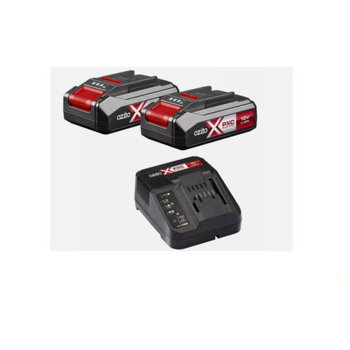 Two red and black battery packs with a charger 