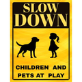 Slow Down Children & Pets at Play Safety Warning Sign Metal Outdoor Plaque - Tin Sign Factory Australia