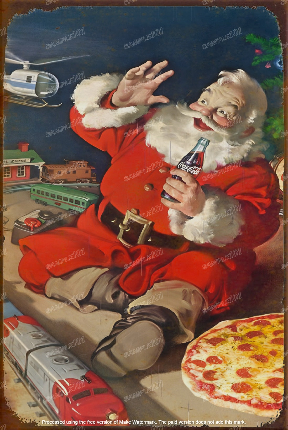 SANTA WITH A PIZZA Santa Claus Vintage Rustic Look Home Wall Décor Bar Wall Tin Metal Signs