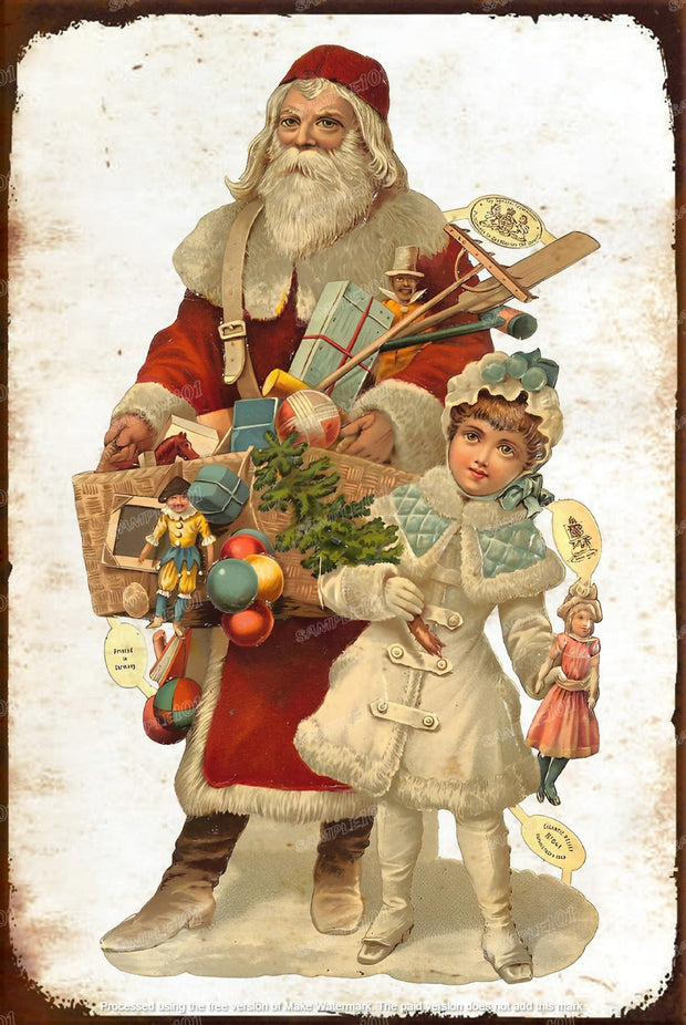 SANTA WITH THE YOUNG GIRL Santa Claus Vintage Rustic Look Home Wall Décor Bar Wall Tin Metal Signs