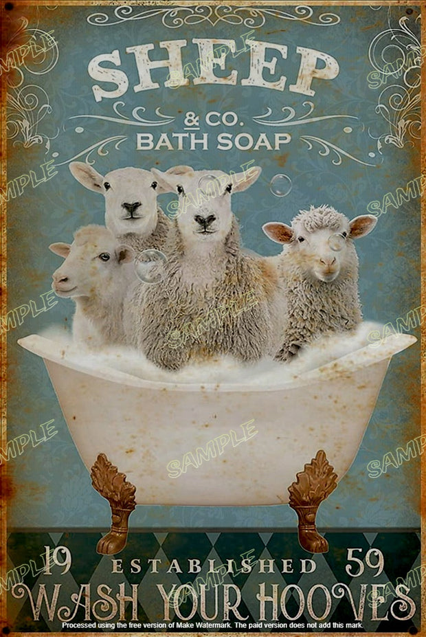 SHEEP BATH Retro Shed Garage Home Office Decorative Wall Rustic Look Tin Metal Signs