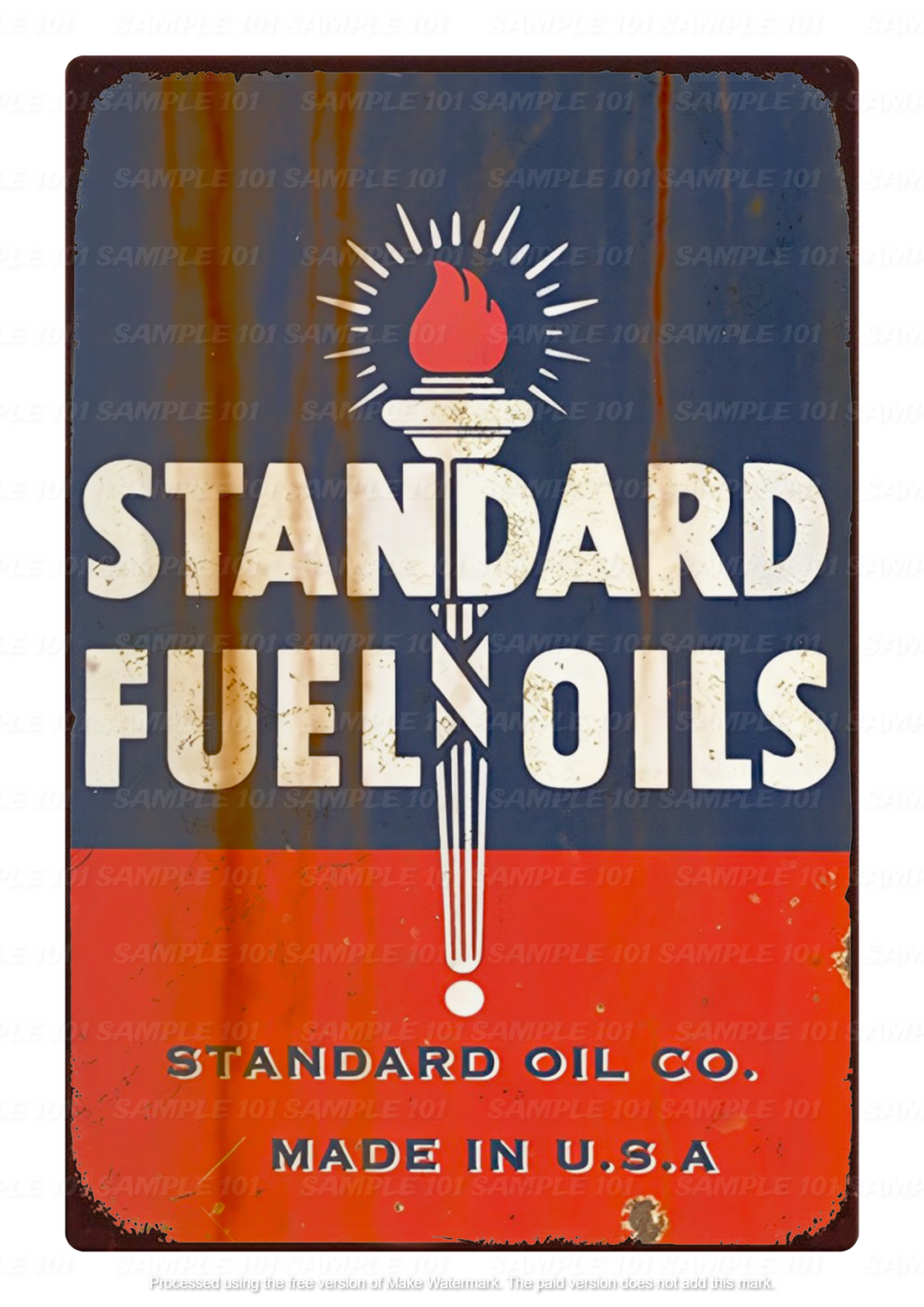 Vintage tin metal sign featuring 'STANDARD FUEL OILS' with retro typography and graphics. The sign has a distressed, weathered look, ideal for adding a nostalgic touch to home bars, garages, sheds, or man caves.