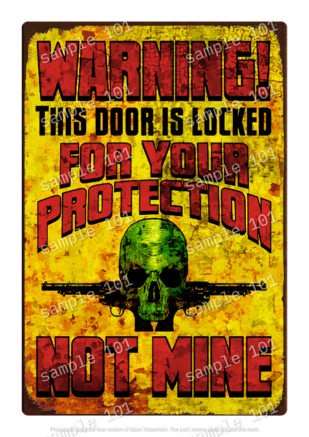 Vintage tin metal sign with a distressed design featuring a door lock warning