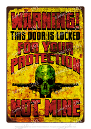Vintage tin metal sign with a distressed design featuring a door lock warning