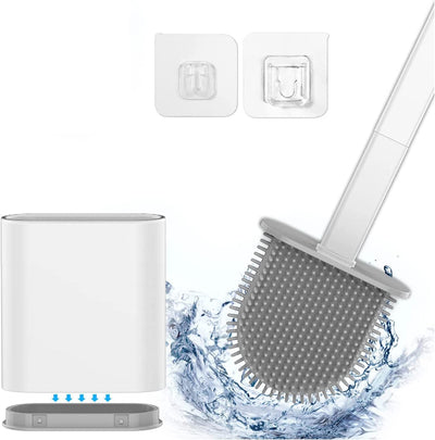 "Effortless Clean Silicone Toilet Brush Set - Soft Bristles, Wall Mount Holder, Elegant White Design"