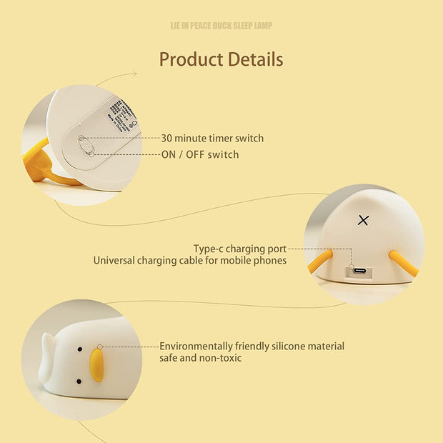 Benson Lying Flat Duck Night Light, LED Squishy Duck Lamp, Cute Light up Duck, Silicone Dimmable Nursery Nightlight, Rechargeable Bedside Touch Lamp for Breastfeeding, Finn the Duck.
