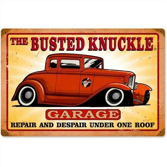 Busted Knuckle GARAGE Rustic Look Vintage Tin Metal Sign Man Cave Shed - Tin Sign Factory Australia