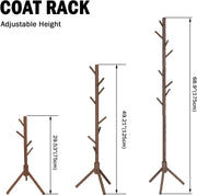 Neween Wooden Coat Rack with 8 Hocks, 3 Adjustable Sizes Free Standing Coat Hanger No Tools Required Handbags, Clothes, Hat Stand for Hallway, Entryway, Bedroom (Brown)