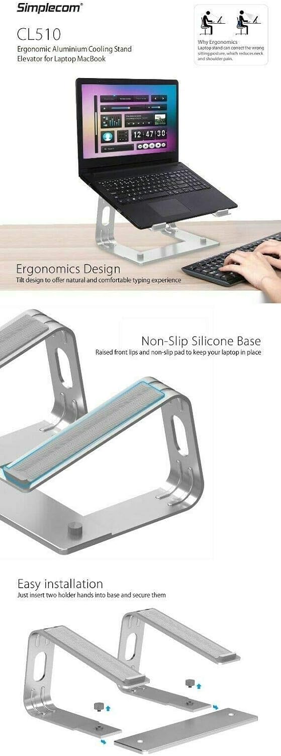 Silver Ergonomic Aluminum Mac Laptop Stand Portable Computer Stand Holder Compatible with Any 10 to 15.6 inches Notebook