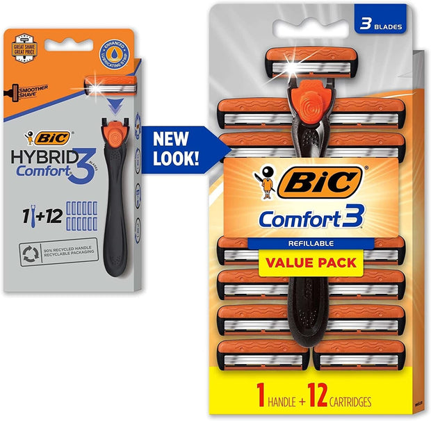 "Ultimate Smoothness: BIC Hybrid 3 Advance Men's Razor Kit - Includes 1 Handle and 12 Cartridges - Brand New!"