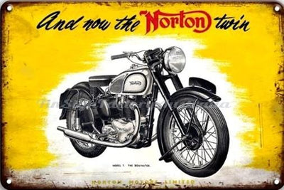 THE NORTON TWIN-MOTORCYCLE THE NORTON TWIN-MOTORCYCLE Rustic Retro/Vintage  Home Garage Wall Cafe Resto or Bar Tin Metal Sign