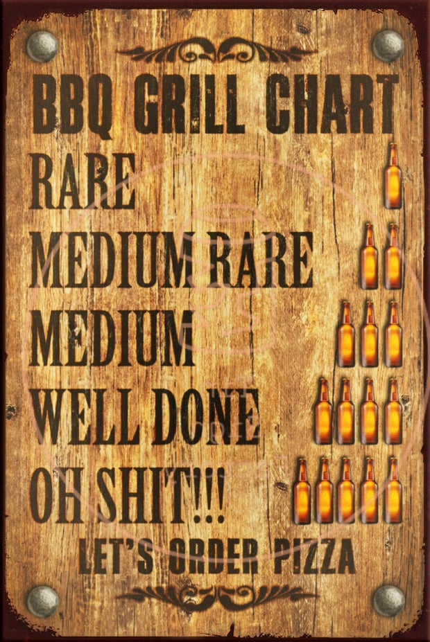 BBQ GRILL CHART Rustic Look Vintage Shed-Garage and Bar Man Cave Tin Metal Sign