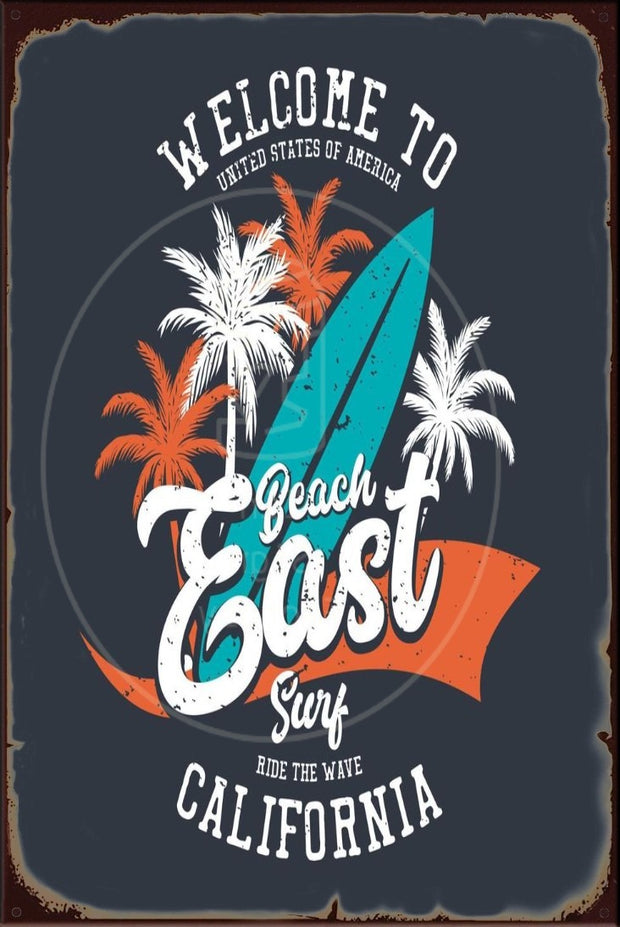 BEACH-EAST SURF Rustic Look Vintage Shed-Garage and Bar Man Cave Tin Metal Sign