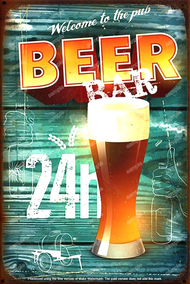 BEER 24H BAR Retro/ Vintage Tin Metal Sign Man Cave, Wall Home Décor, Shed-Garage, and Bar
