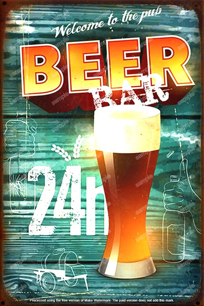 BEER 24H BAR Retro/ Vintage Tin Metal Sign Man Cave, Wall Home Décor, Shed-Garage, and Bar