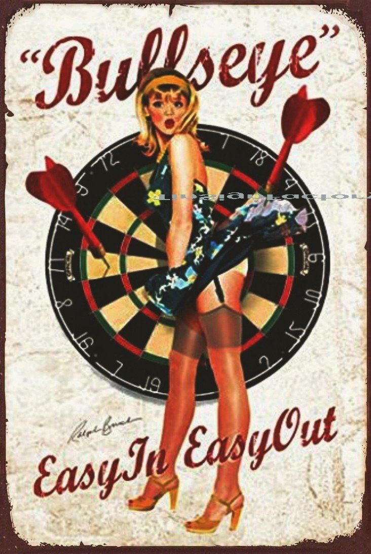 BULLSEYE-DART PIN UP GIRL Rustic Retro/Vintage Home Garage Wall Café Resto or Bar Tin Metal Sign