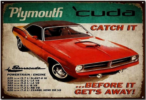 PLYMOUTH BARRACUDA POWERTRAIN Retro/ Vintage Tin Metal Sign Man Cave, Wall Home Decor, Shed-Garage, and Bar