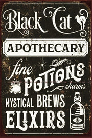 BLACK CAT APOTHECARY Halloween Funny Rustic Retro/Vintage Wall Café or Bar Tin Metal Sign