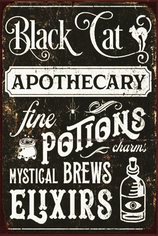 BLACK CAT APOTHECARY Halloween Funny Rustic Retro/Vintage Wall Café or Bar Tin Metal Sign