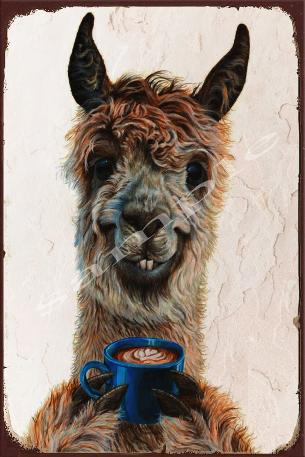 COFFEE LLAMA Retro/ Vintage Wall Home Décor, Shed-Garage and Bar Tin Metal Sign