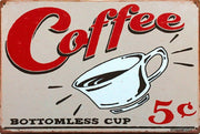 Coffee 5 cents bottomless cup tin metal sign man cave new garage