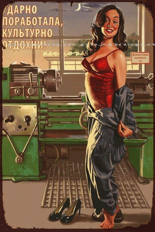 COOL SOVIET PIN UP GIRL Rustic Retro/Vintage Home Garage Wall Café Resto or Bar Tin Metal Sign
