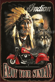 INDIAN-ENJOY YOUR SUNDAY Vintage Retro Rustic Shed Garage Man Cave Metal Sign