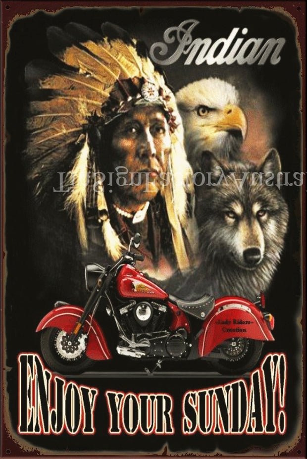 INDIAN-ENJOY YOUR SUNDAY Vintage Retro Rustic Shed Garage Man Cave Metal Sign