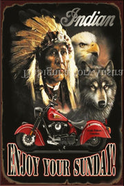 INDIAN-ENJOY YOUR SUNDAY Vintage Retro Rustic Shed Garage Man Cave Metal Sign