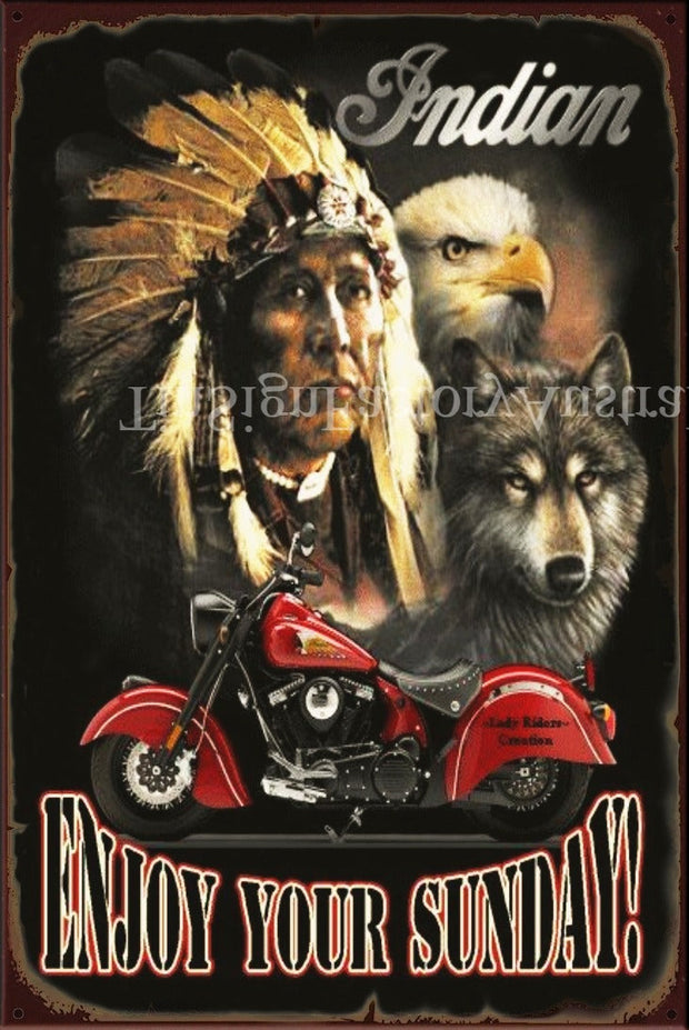 INDIAN-ENJOY YOUR SUNDAY Vintage Retro Rustic Shed Garage Man Cave Metal Sign