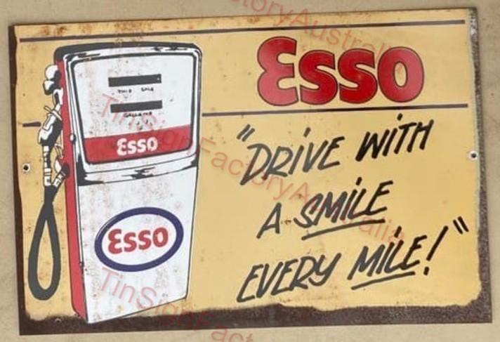 ESSO DRIVE WITH SMILE 20x30 CM Sign | Screen Printed By AUSTRALIAN COMPANY - Tin Sign Factory Australia